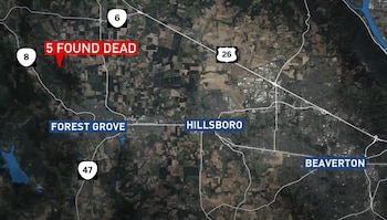 Mapa satelital con las localidades de Forest Grove, Hillsboro y Beaverton, y un marcador rojo con la leyenda 5 FOUND DEAD