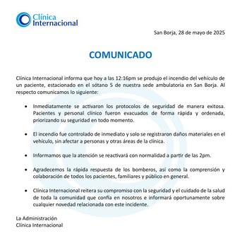 Comunicado de la clínica Internacional