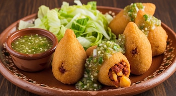 Plato de barro con molotes dorados. Uno está abierto mostrando el relleno. Incluye un tazón de salsa verde y lechuga picada al fondo.