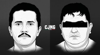 Ilustración en blanco y negro de dos hombres; uno con bigote a la izquierda y otro con una barra negra sobre los ojos a la derecha, con el logo 'CJNG' en el centro.