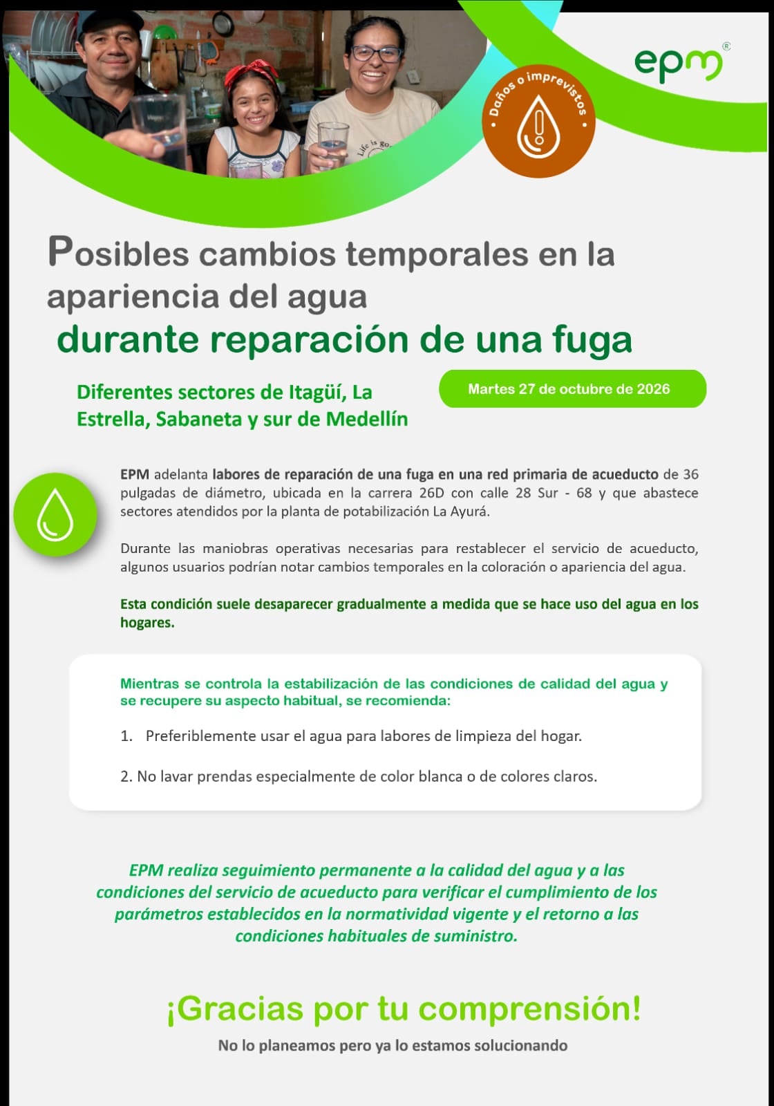 Habitantes del sur del Valle de Aburrá reportaron una coloración amarillenta o café en el agua de las tuberías este martes 27 de octubre - crédito EPM