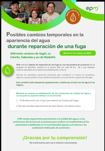Habitantes del sur del Valle de Aburrá reportaron una coloración amarillenta o café en el agua de las tuberías este martes 27 de octubre - crédito EPM