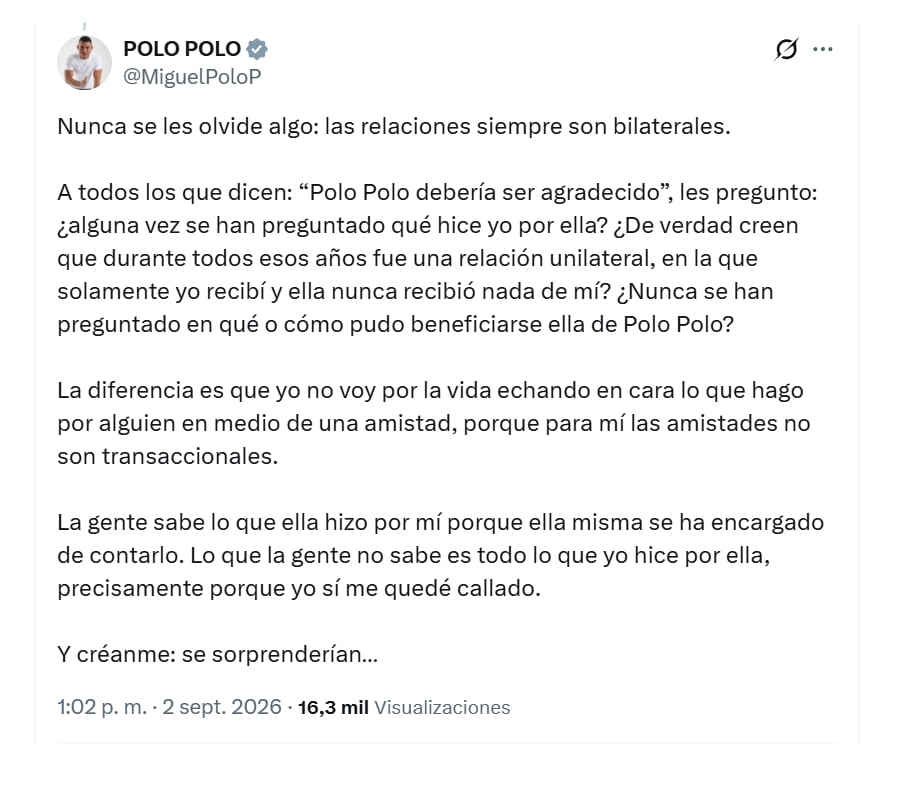 Como si no fueran suficientes sus mensajes anteriores, el exrepresentante Miguel Polo Polo lanzó el pasado 2 de septiembre duros dardos contra María Fernanda Cabal - crédito @MiguelPoloP/X