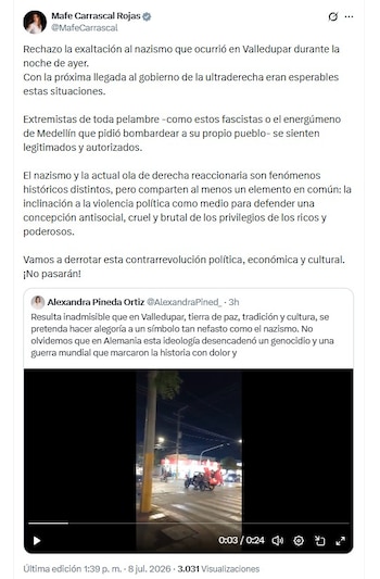 La representante a la Cámara Mafe Carrascal rechazó la exhibición de símbolos nazis durante una caravana de Jeep Willys registrada en Valledupar - crédito @MafeCarrascal/X