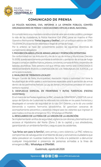 Documento oficial de la Policía Nacional Civil de Guatemala con el título "Comunicado de Prensa", incluye texto sobre seguridad, prohibiciones y plan operativo