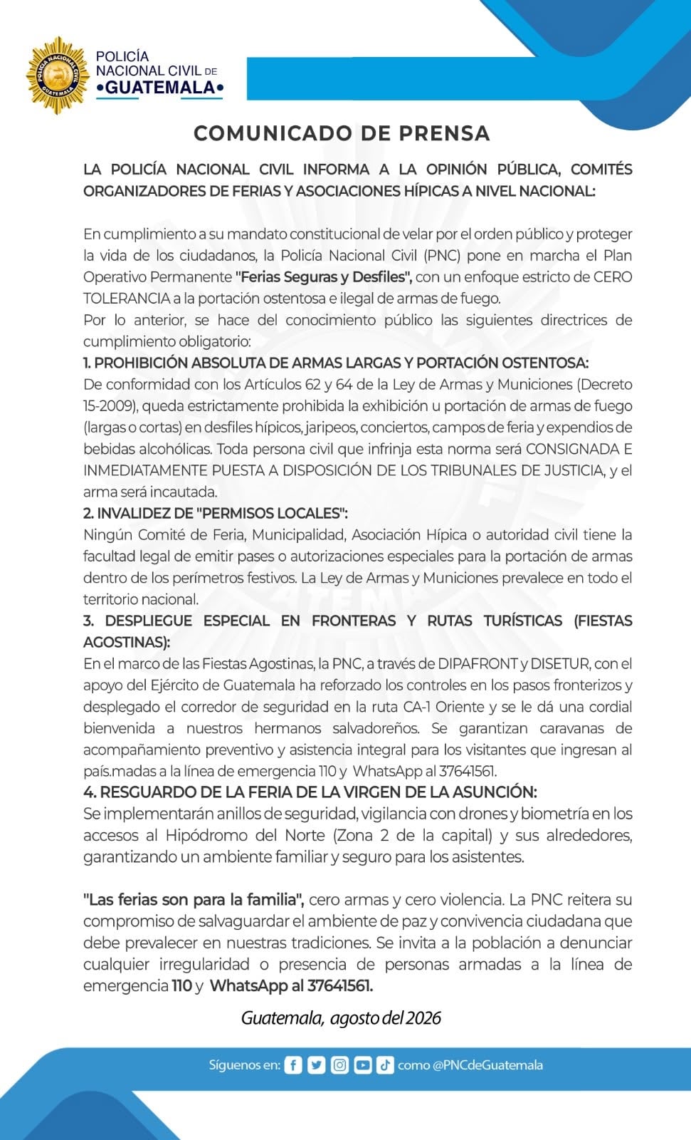 Un comunicado de prensa de la Policía Nacional Civil de Guatemala detalla las medidas de seguridad implementadas para las