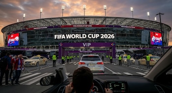 Vista desde un coche llegando a un gran estadio con la inscripción "FIFA World Cup 2026", rodeado de seguridad, otros vehículos y peatones.