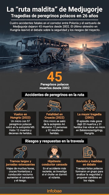 Infografía con un micro blanco accidentado en una autopista lluviosa, una iglesia al fondo, texto sobre 45 peregrinos polacos muertos y detalles de accidentes.