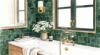 Ilustración en acuarela de una tina blanca, grifería dorada, pared de azulejos verdes, florero con flores blancas y una ventana.