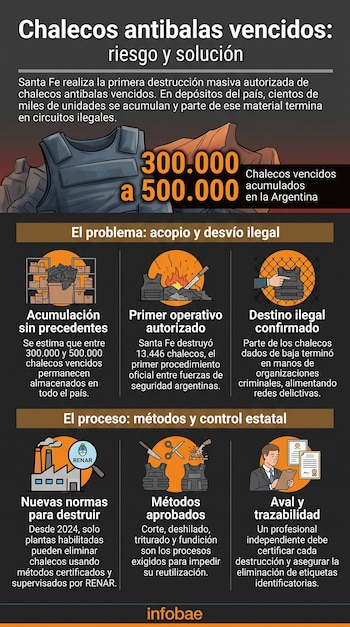 Infografía con texto, cifras numéricas e ilustraciones sobre el almacenamiento y la destrucción de chalecos antibalas en Argentina.