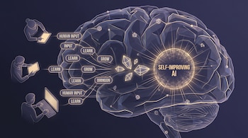 Ilustración de un cerebro poligonal luminoso, conectado a tres figuras humanas usando pantallas. El cerebro dice "Self-improving AI".