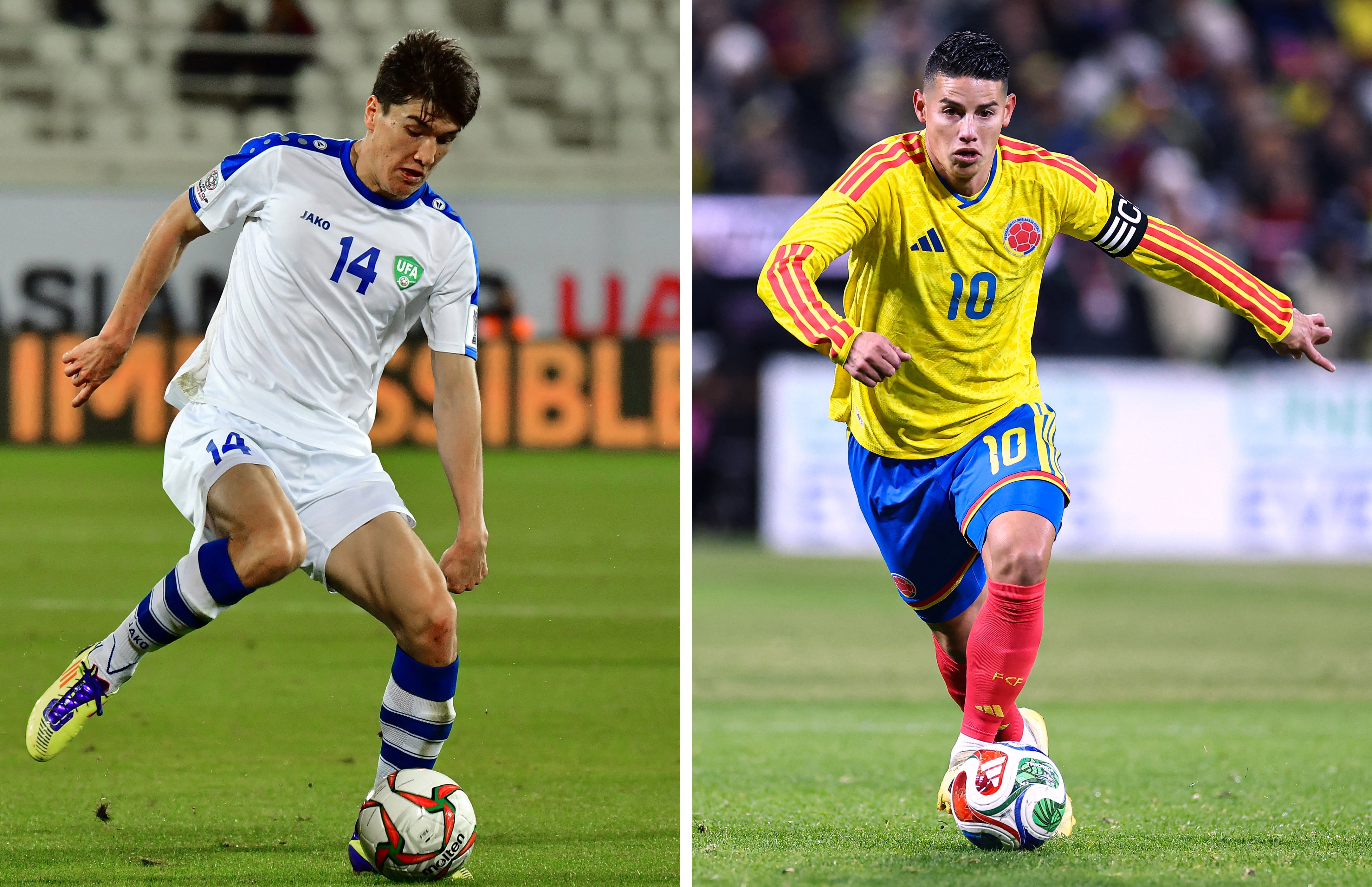 Delantero Eldor Shomurodov de Uzbekistán y mediocampista James Rodríguez de Colombia - crédito Giuseppe CACACE and Charly TRIBALLEAU / AFP