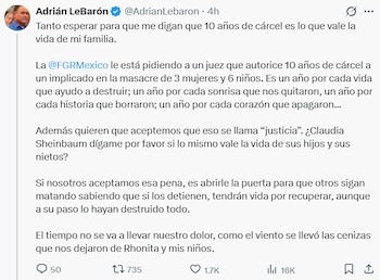 Adrián LeBarón cuestionó que la pena propuesta corresponda con la gravedad de los hechos.