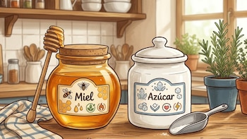 Primer plano de un tarro de miel y un recipiente de azúcar con una pala, junto a un cucharón de miel y un paño de cocina a cuadros, sobre una encimera de madera