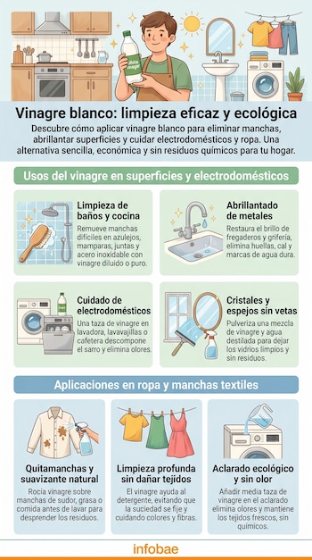 Infografía detallada sobre los usos del vinagre blanco para limpiar el hogar, mostrando ilustraciones de una cocina, baño, lavadora, ropa y cristales.