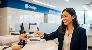 Una mujer sonriente vestida de traje recibe un fajo de billetes de un cajero en un mostrador de banco. El logo "Contigo" es visible en el fondo.