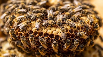 Varias abejas con alas transparentes, cuerpos peludos y rayas amarillas y negras cubren una estructura de panal con celdas hexagonales.