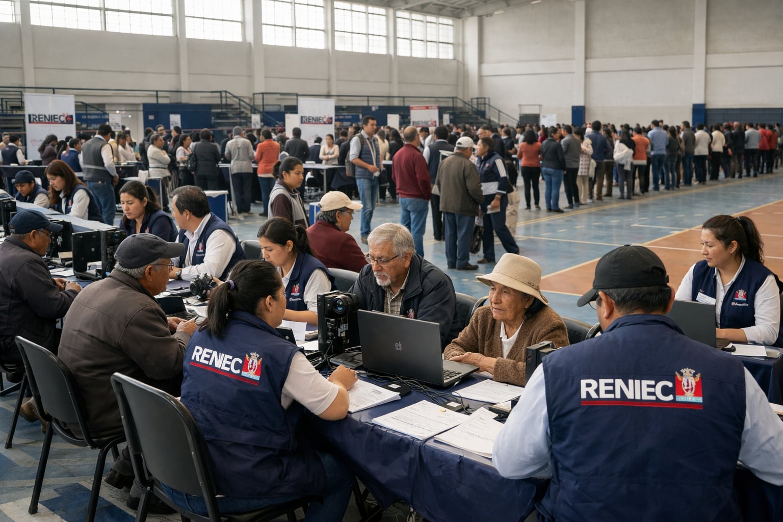 Personal de Reniec con chalecos institucionales atiende a ciudadanos de diversas edades en una jornada masiva de DNI en un polideportivo, con mesas de atención y filas ordenadas de personas esperando su turno. (Imagen Ilustrativa Infobae)