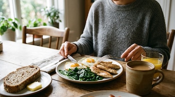 Persona con suéter gris sentada a una mesa frente a un plato con huevos fritos, pollo, espinacas, rebanada de pan, mantequilla y un café.