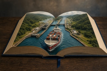 Libro abierto sobre madera donde un barco de carga navega por un canal con esclusas y vegetación impreso en las páginas.