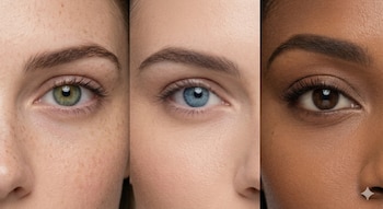 Primer plano de tres mujeres con diferentes tonos de piel y colores de ojos: verde, azul y marrón, mostrando diversidad