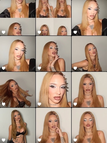 La Joaqui de cerca con cabello rubio liso, maquillaje de ojos plateado brillante, labios marrones y lengua asomando. Lleva un top de encaje negro y muestra tatuajes