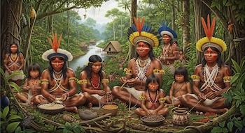 Personas indígenas adultas y niños sentados en un bosque tropical junto a un río con casas. Visten tocados de plumas y collares, y manipulan semillas en cuencos.