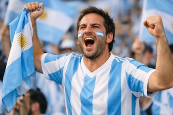Hombre barbudo, cara pintada azul y blanco. Viste camiseta celeste y blanca a rayas. Alza brazos, sostiene bandera argentina con Sol de Mayo.