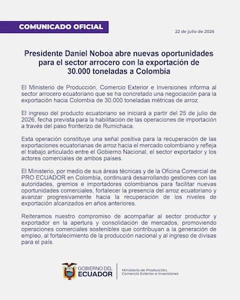 Serán 30.000 toneladas de arroz ecuatoriano las que ingresarán a Colombia desde el 25 de julio de 2026 - crédito Gobierno de Ecuador