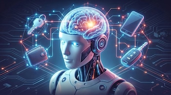 Un robot humanoide con cerebro brillante, una llave de casa, una billetera, un teléfono celular y una llave de automóvil conectados por una red de luz.