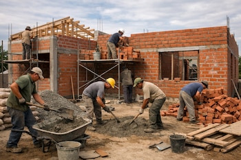 Seis obreros sin rostro identificable trabajan en la construcción de una casa de ladrillo visto; hay andamios, materiales de construcción, palas y carretilla.