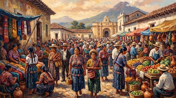 Pintura al óleo de un mercado con personas de etnia guatemalteca, puestos de frutas, verduras, textiles y vasijas de barro, edificios coloniales y montañas.
