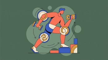 Ilustración gráfica de un hombre sujetando mancuernas mientras sube un escalón, con marcas en sus rodillas y codos sobre fondo verde.