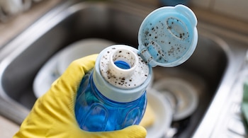 Una mano con guante amarillo sostiene una botella azul de plástico abierta con puntos negros de moho en el tapón y la boquilla.