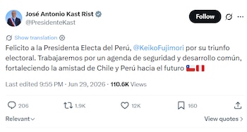 Presidente de Chile felicitó a Keiko Fujimori por su victoria en segunda vuelta presidencial. (Foto: X/@PresidenteKast)