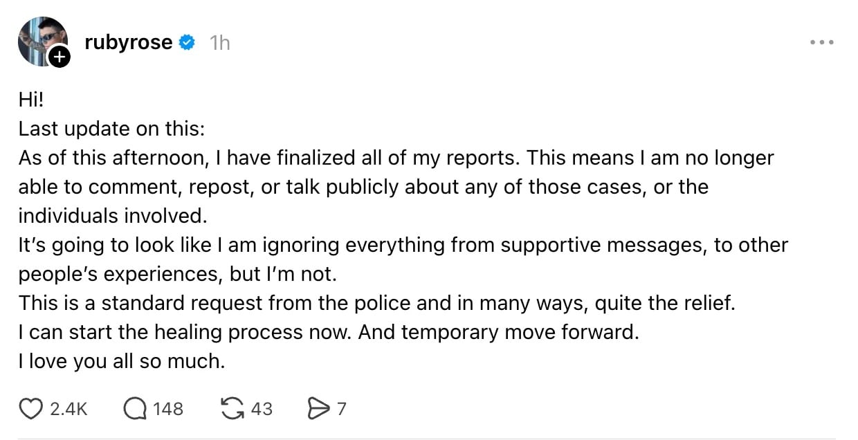 Inicialmente, Ruby Rose dijo que no planeaba denunciar el caso ante las autoridades.(Captura: Threads)