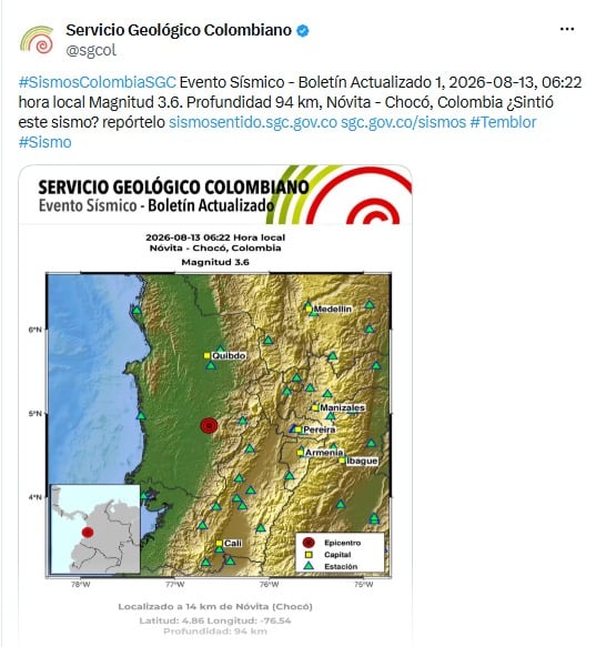 Volvió a temblar en Chocó en horas de la mañana del 13 de agosto de 2026 - crédito @sgcol/X