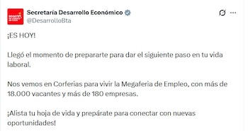 Más de 180 empresas participarán en la jornada laboral coordinada por la Secretaría Distrital de Desarrollo Económico- crédito @DesarrolloBta/X