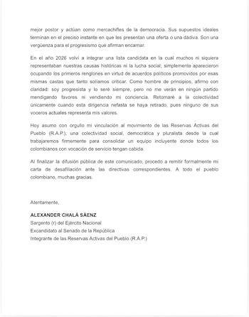 Tras su salida de Colombia Humana y del Pacto Histórico, Alexander Chalá anunció su vinculación a Reservas Activas del Pueblo y dijo que seguirá siendo progresista - crédito @SARGENTOCHALA/X