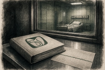 Ilustración de una carpeta médica cerrada, una tira de electrocardiograma y una cama de hospital vacía vista a través de un cristal.
