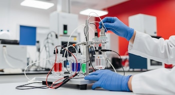 Manos enguantadas de azul de un científico ajustando un dispositivo experimental con tubos, sensores, cables y recipientes con líquidos de colores en un laboratorio moderno.