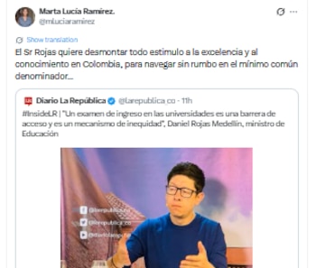 Marta Lucía Ramírez se despachó contra el ministro de Educación y aseguró que desestimula "la excelencia" - crédito @mluciaramirez/X