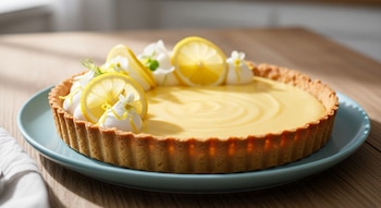 Una tarta de limón completa sobre un plato azul claro en una mesa de madera, con base, relleno amarillo, merengue, rodajas de limón y flores.