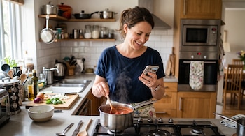 Una mujer sostiene un teléfono celular y revuelve una salsa en una olla sobre la estufa en una cocina residencial.