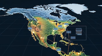 Mapa tridimensional de América del Norte con gradientes de color, líneas luminosas conectando ciudades, e iconos de aire acondicionado con barras de nivel.