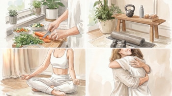 Cuatro imágenes: persona cortando verduras, equipo de ejercicio, persona meditando en loto y dos personas abrazándose en un entorno sereno.