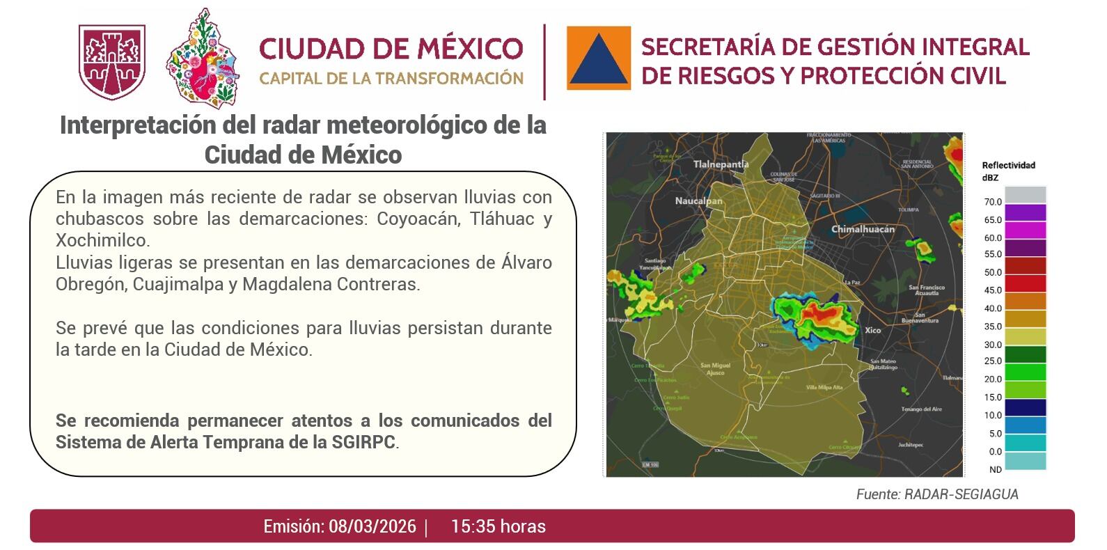 Estas alcaldías resultarán afectadas por las lluvias esperadas para este domingo 8 de marzo. Foto: X/@SGIRPC_CDMX.