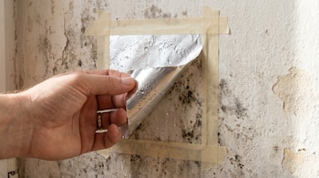 Una mano retira un trozo de papel aluminio sellado con cinta adhesiva de una pared con moho y pintura descascarada, mostrando gotas de agua en el aluminio.