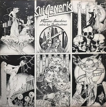 Portada de disco en blanco y negro dividida en seis recuadros con dibujos estilizados, figuras humanas, calaveras y el nombre Sui Generis
