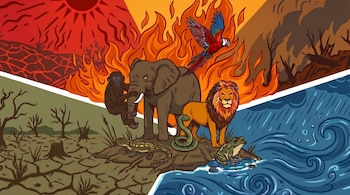 Ilustración plana de un elefante, mono, león, guacamayo, serpiente, lagarto y rana, con un fondo dividido en secciones que muestran calor, fuego, sequía e inundaciones.